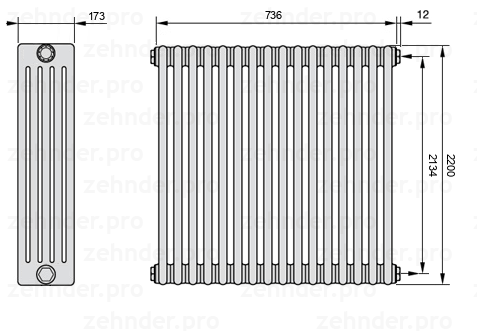 Схема (чертеж) Радиатор Zehnder Charleston 5220/16 №7610 Белый глянцевый RAL 9016